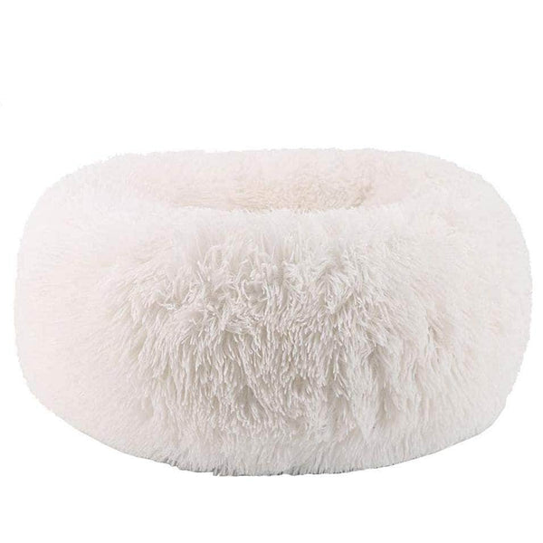 Cuppy Calming Faux Fur Donut Cuddler Bed for Dogs & Cats | Washable Round Pillow | White