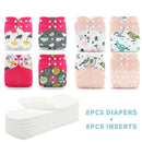 Silica Eco-Friendly Cloth Diaper, Adjustable & Washable Nappies with 8Pcs Microfiber Inserts